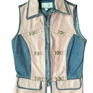 Cache Small Denim & Pink Leather Zip Sleeveless Edgy Yet Feminine Vest